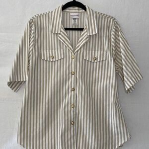 Vintage Striped Western Blouse Cream and White Mid Length Sleeve Size Medium